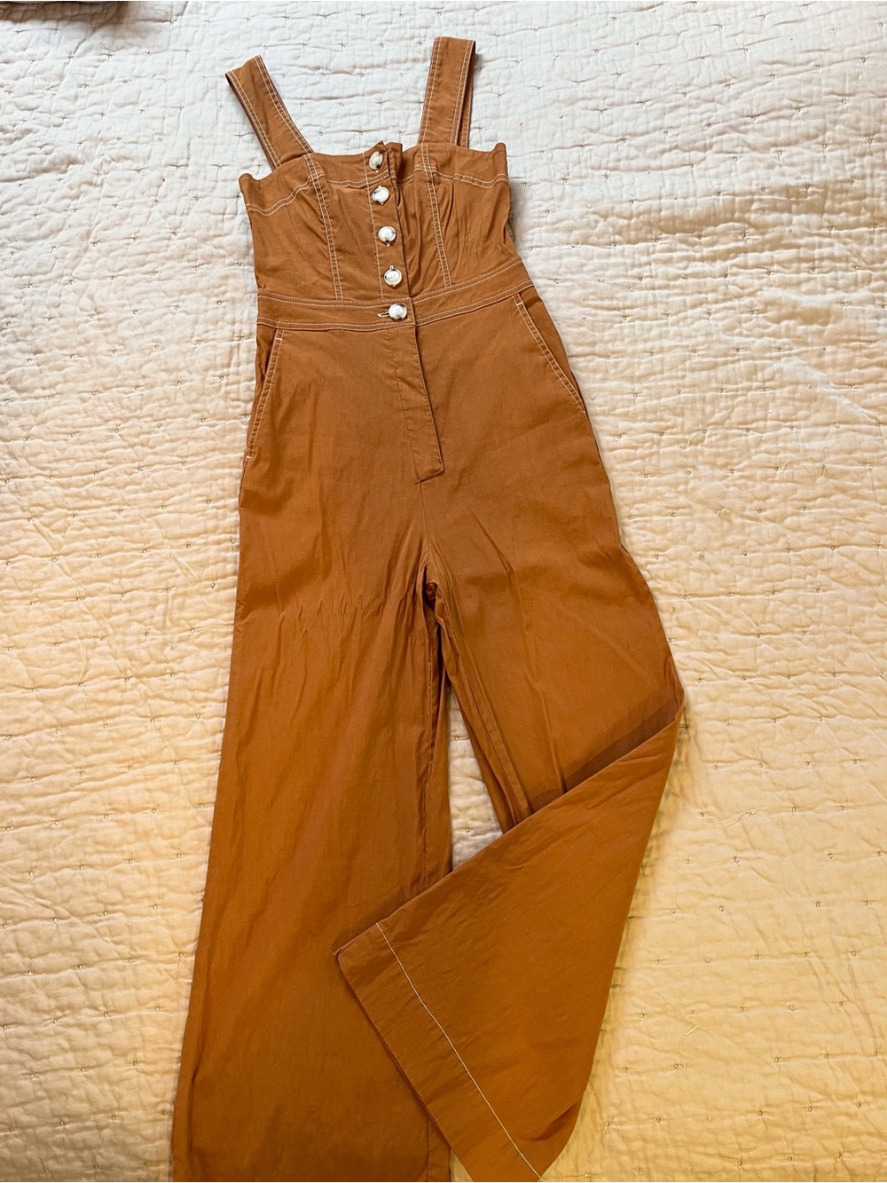 Anthropologie Camel Portside Button-Front Sleeveless Square-Neck Jumpsuit - Picture 5 of 9